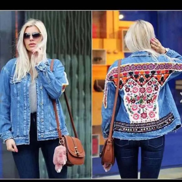 Boho Denim Blue Floral Embroidered Jean Jacket - Picture 11 of 11